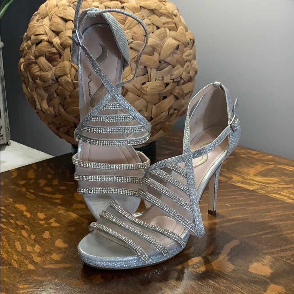 Touch of Nina metallic silver straps, mesh heels